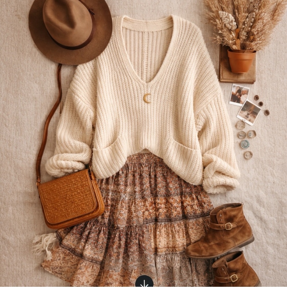 Free People Open Front Deep V-Neck Cozy Cream Wool Blend Oversized Knit Sweater